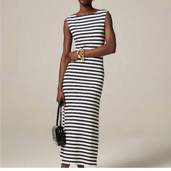 J.CREW Ribbed Midi Dress Navy White Stripe Boatneck Casual Preppy Nautical S - Picture 1 of 9